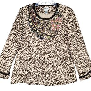 Chico's Jelica Jacket Women 2 L/12  Animal Print Sequins Embroidered Brown Lined